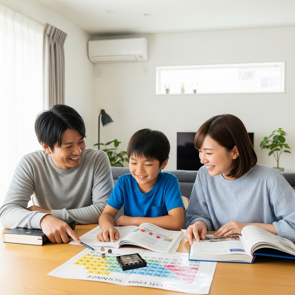 家族で周期表と元素標本キューブを囲む学習シーン